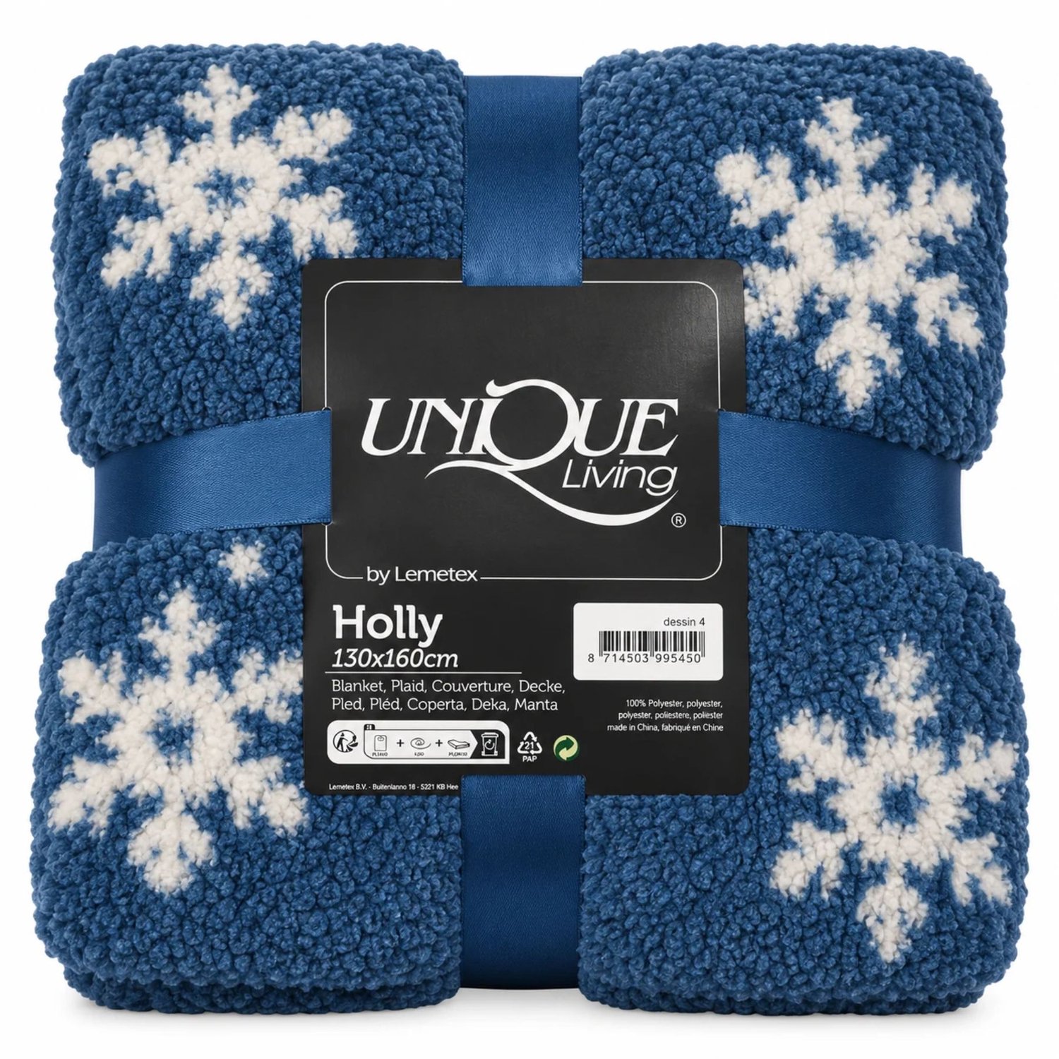 Unique Living Holly – Warm Winterplaid – 130×160 cm – Blauw – Sneeuwvlokken – Zacht Fleece blauw wit