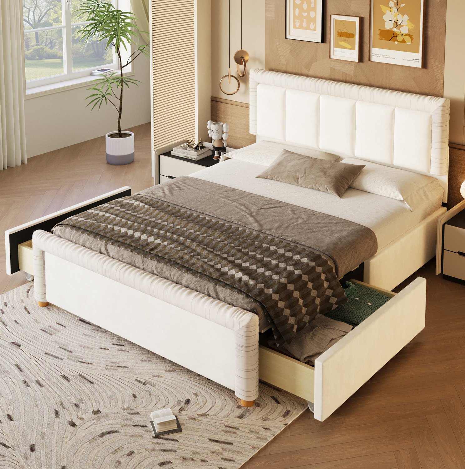 FloraGrace Gestoffeerd Bed 140 x 200 cm - Frans Fluweel - Gestoffeerd Hoofd- en Voeteneind - 2 Lades - Houten Poten - Zonder Matras - Beige