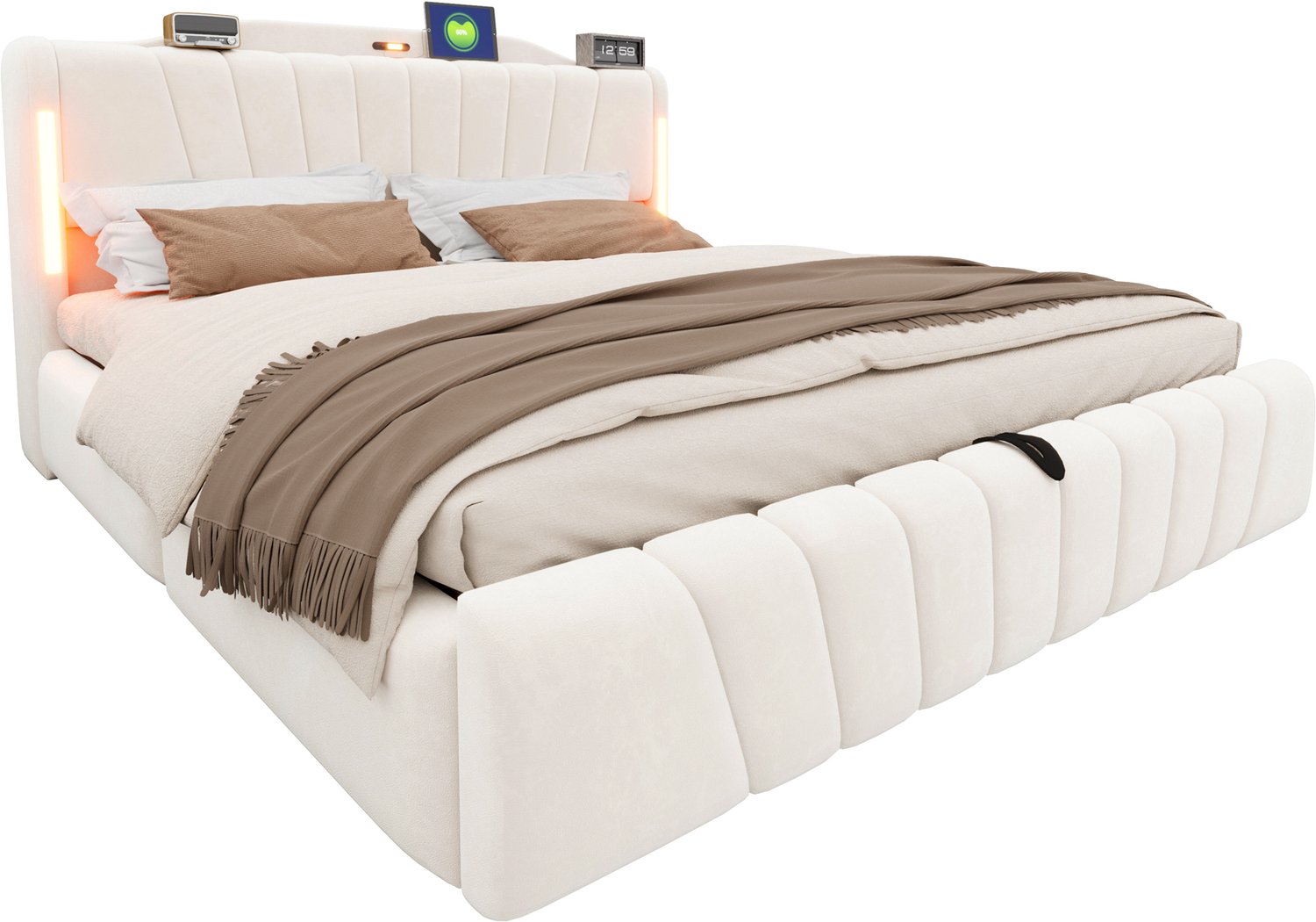 MUVANO Gestoffeerd bed 180x200 met opbergruimte - Tweepersoonsbed - Fluweel - LED-hoofdbord met USB en USB-C - Hydraulische lattenbodem - Beige