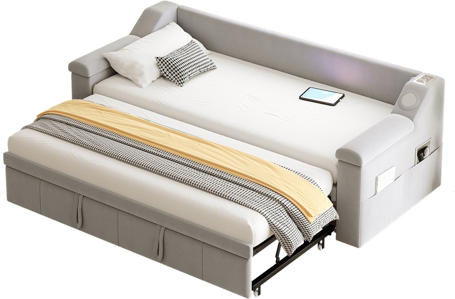MUVANO Lichtgrijze fluwelen slaapbank - Uitschuifbaar 90/180 x 190 cm - Bluetooth-stereo en USB - Opbergvakken - Lattenbodem - Voor logeerkamer Lichtgrijs
