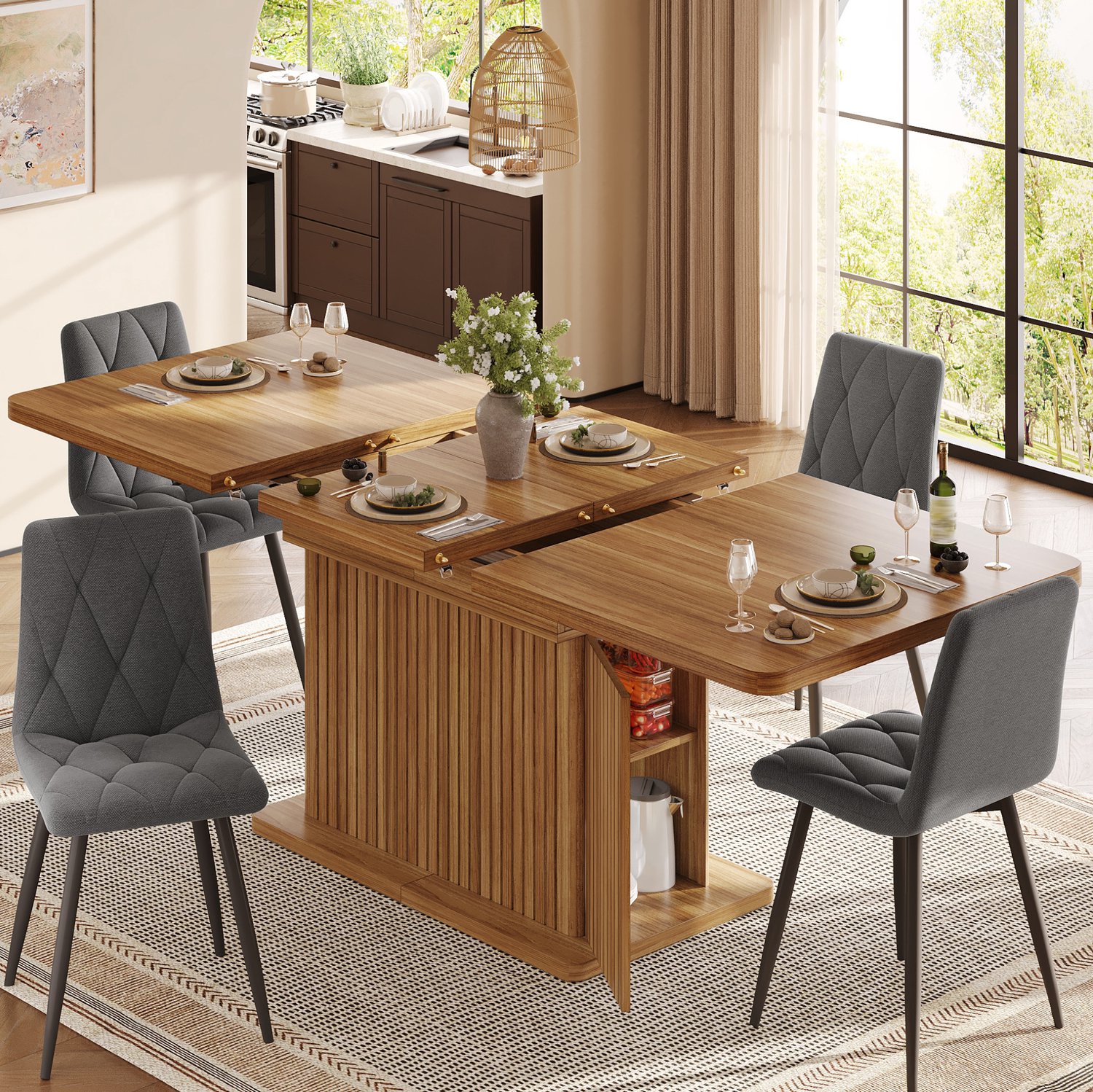 Maisentiel Uitschuifbare eettafel 120-160 x 80 x 76 cm - donkerbruine houtlook - opbergruimte Donkerbruin, houtlook