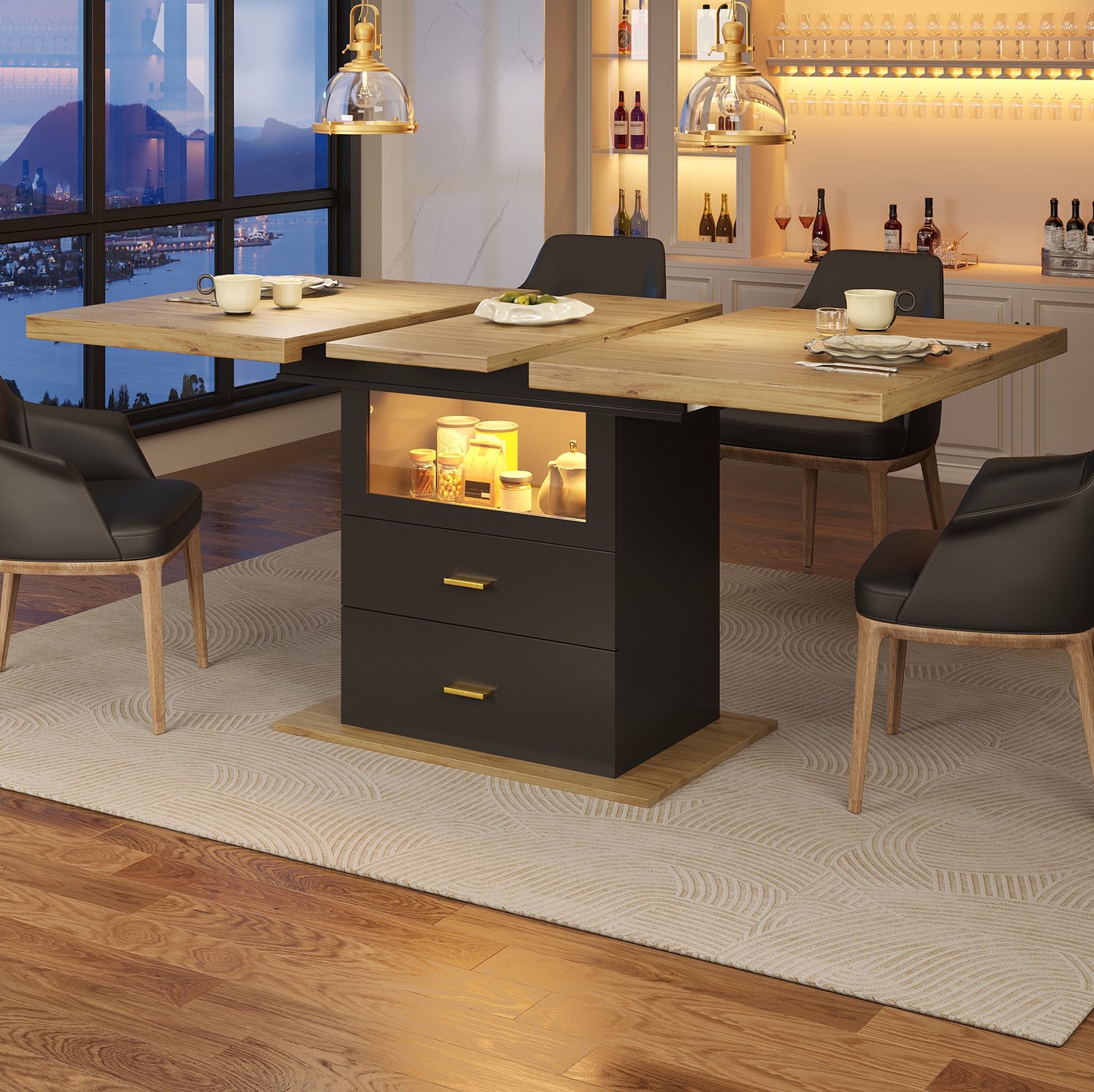 Maisentiel Uitschuifbare eettafel met 2 lades en ledverlichting - 110-140 x 80 x 75 cm Zwart en houtkleur