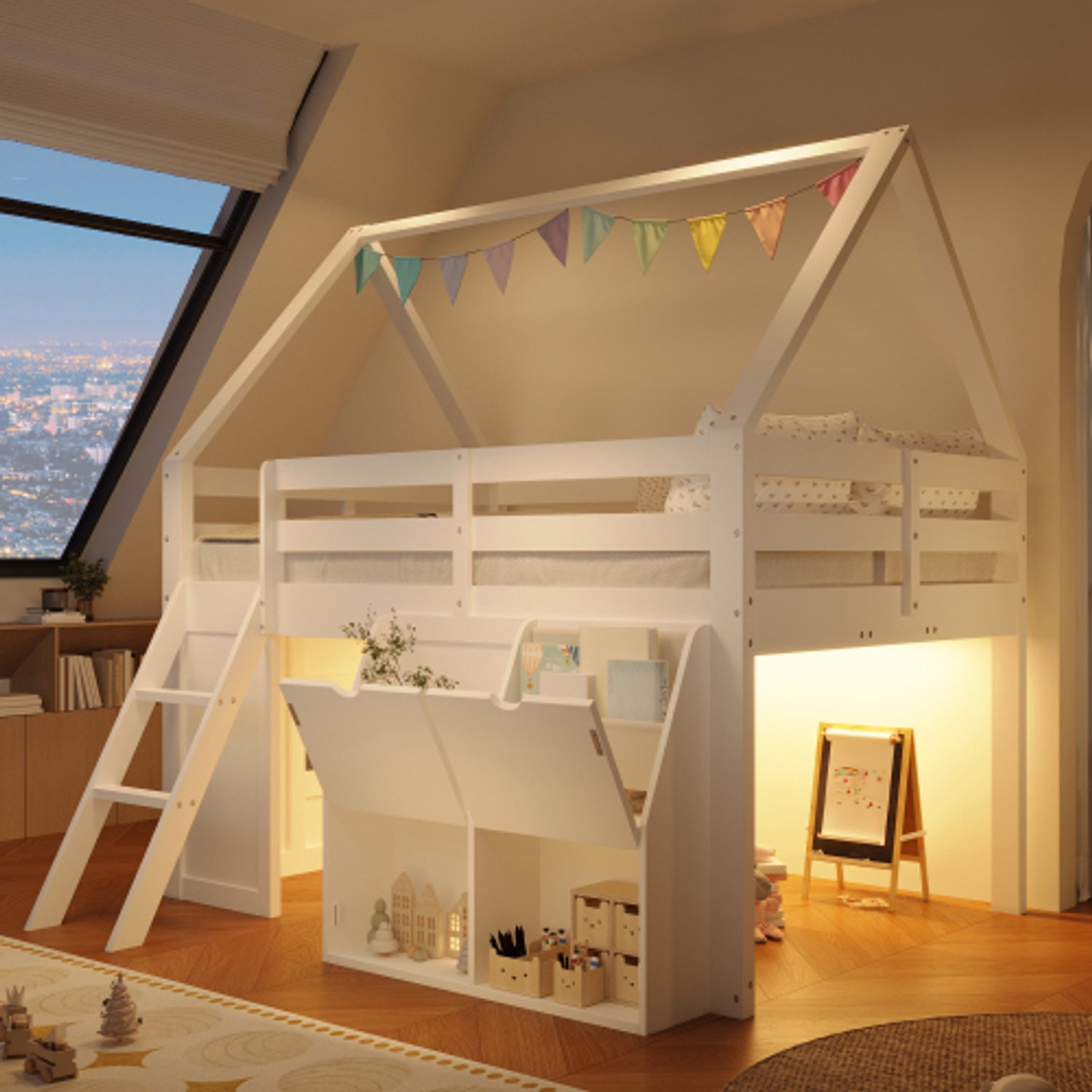 Zubaliya Hoogslaper 140x200 cmhuisvorm met trap, Kinderbed, Tweepersoonsbed, LED-verlichting, opbergdozen met klapdeksel en stoffenzakken, Wit