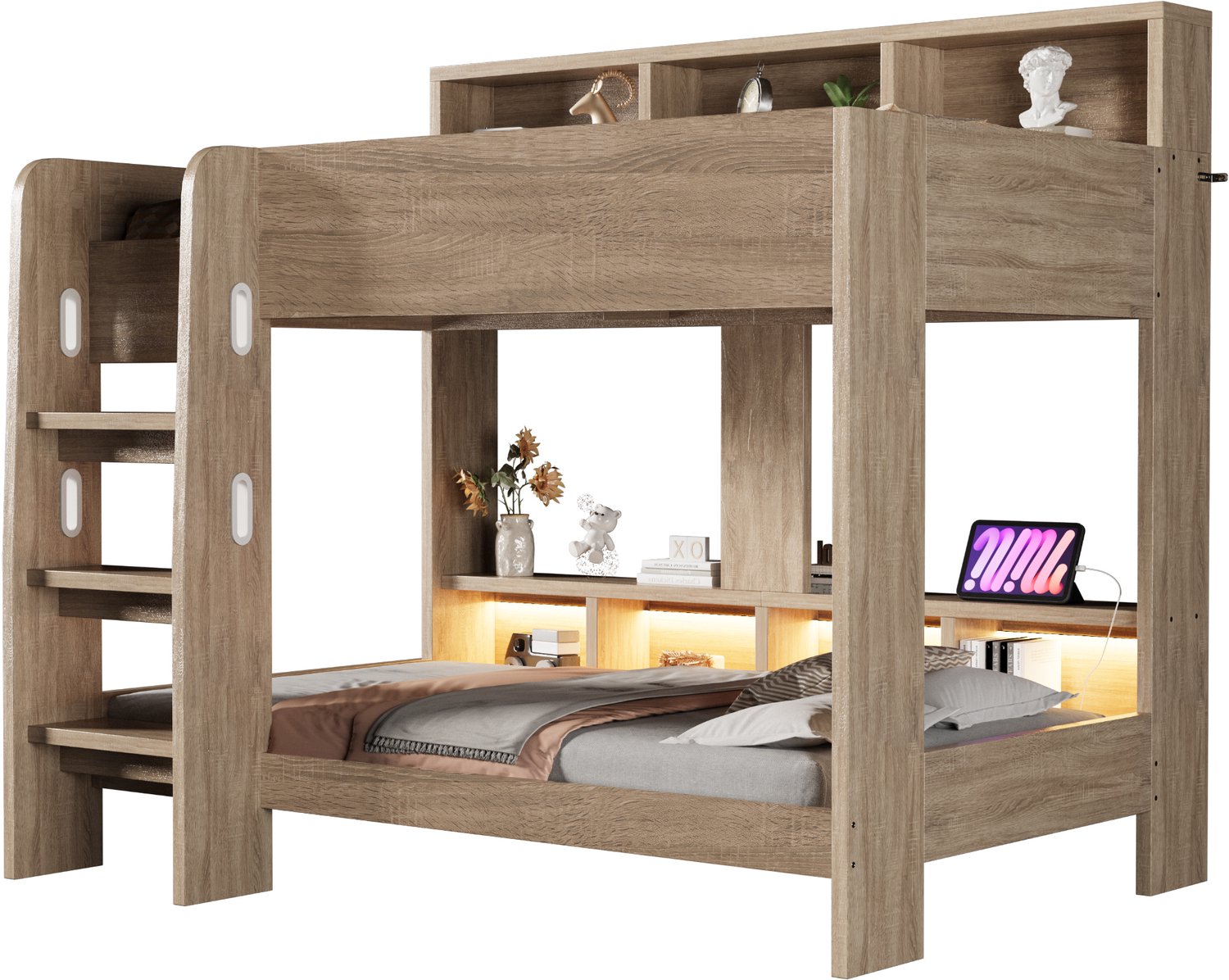 MUVANO Houten stapelbed 90 x 200 cm - Opbergvakken, ledverlichting en stopcontacten - Brede ladder en uitvalbeveiliging - MDF en multiplex - Naturel