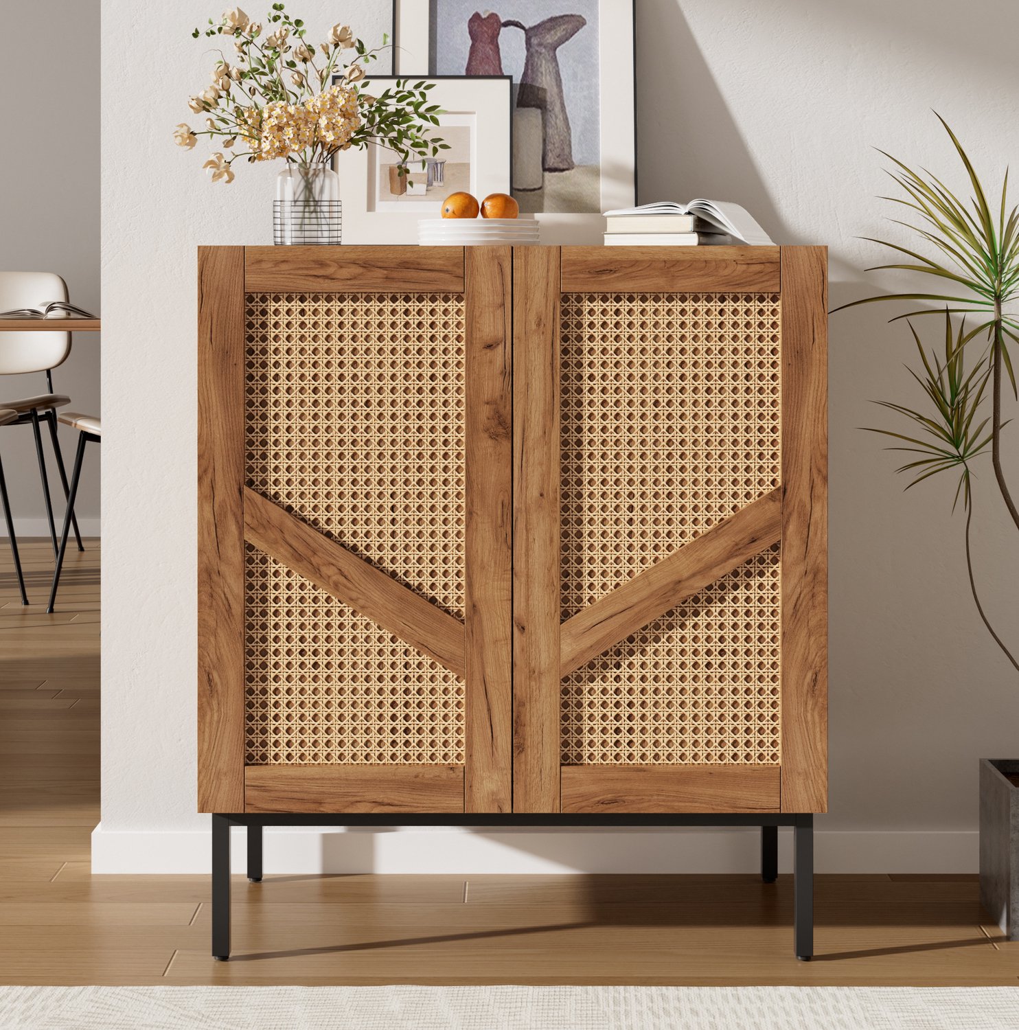 DESMIU Dressoir - Twee Deuren en Verstelbare Planken - Voor Woonkamer, Slaapkamer en Hal - Spaanplaat en PE-Rotan - Naturel - 70x38,5x80 cm