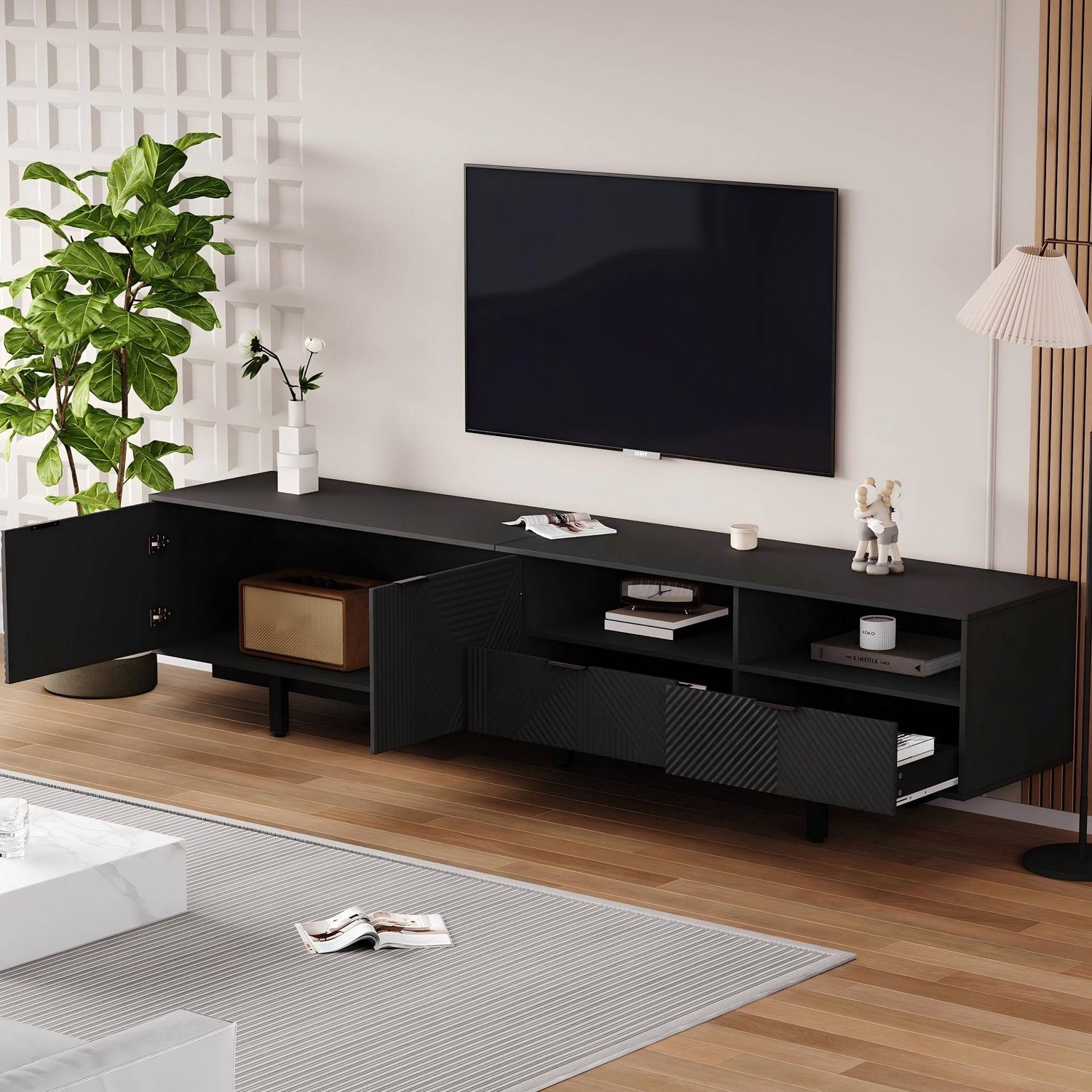 Maisentiel Zwart tv-meubel met geometrisch patroon - 200 x 40 x 51 cm - open vakken