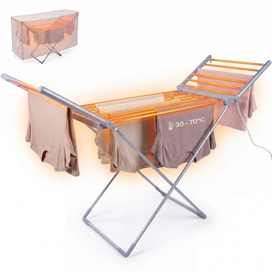Séchoir à linge électrique pliable avec barres chauffantes de 30-70°C et une housse de protection.