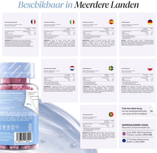 Overzicht van Novomins voedingsinformatie in verschillende talen voor diverse landen.