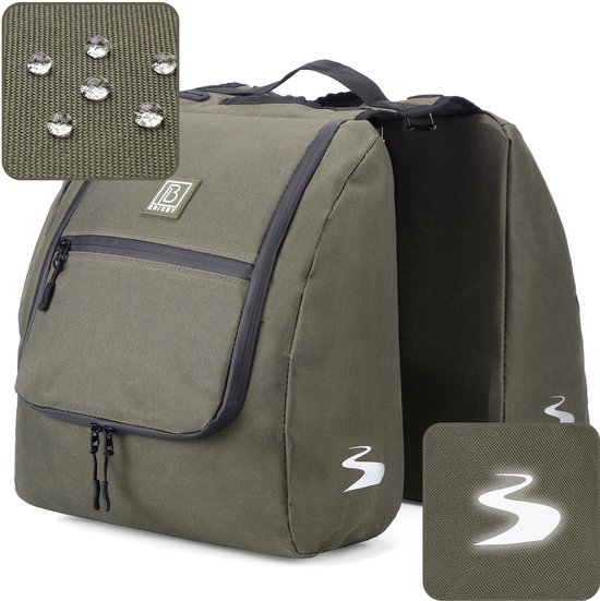 Brisby Dubbele Fietstas 34 Liter – Voor Gewone en Elektrische Fiets – Waterafstotend Polyester – Met Trekkoord, Gespsluiting en Reflectie – Groen — afbeelding 2