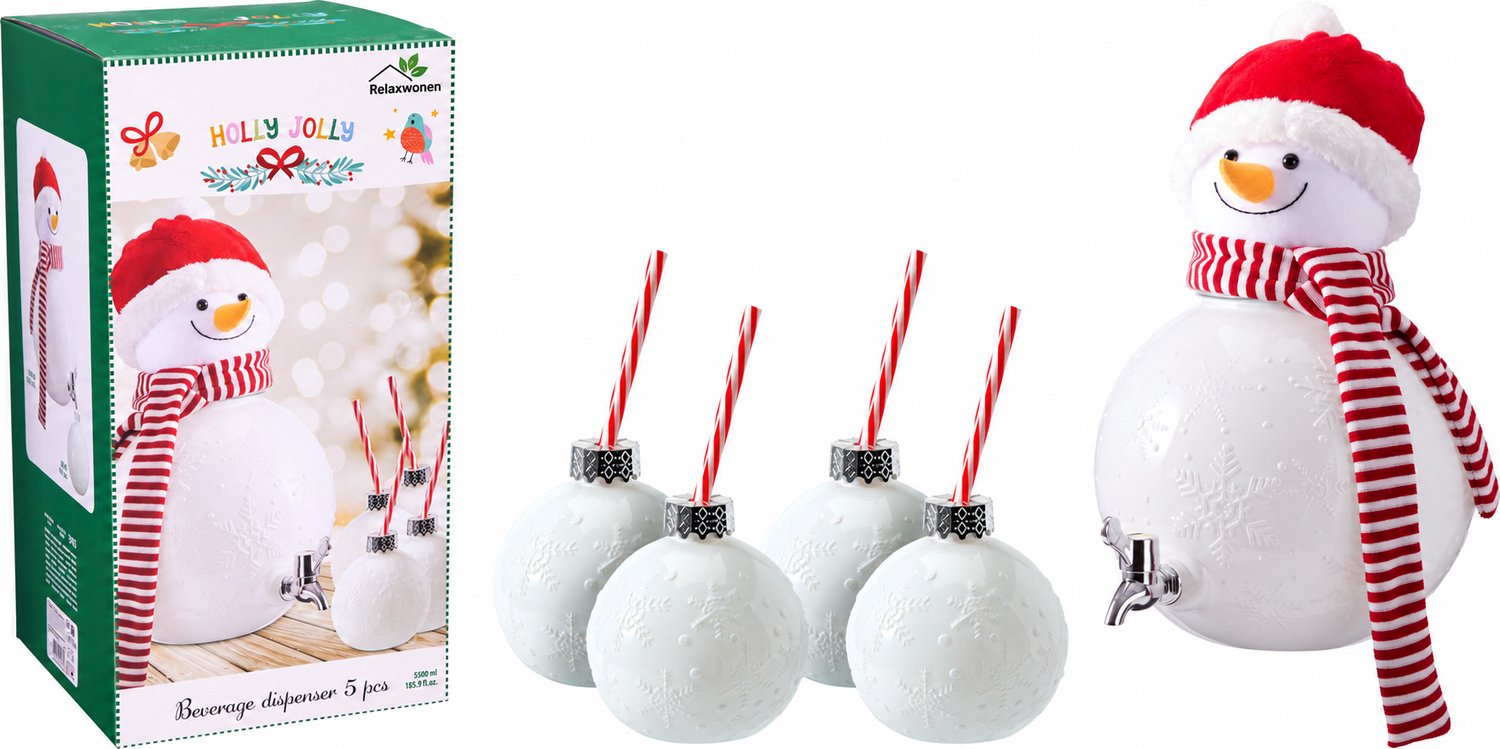 Relaxwonen Sneeuwpop Drankdispenser 5,5 Liter – Kerst Drankdispenser met Kraantje – Inclusief 4 Bekers met Rietjes – Kerstdecoratie