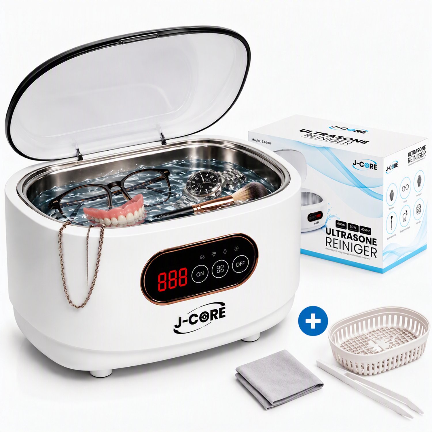 J-Core® Ultrasoon Reiniger 660 ml – 45 kHz – 35W – met Ontgasfunctie – 360° Reiniging – Ultrasoon Reiniger voor Brillen, Sieraden, Juwelen, Horloges & Kunstgebit – Brillenbad – 4 Timerstanden – RVS Tank – Reinigingsapparaat – Wit