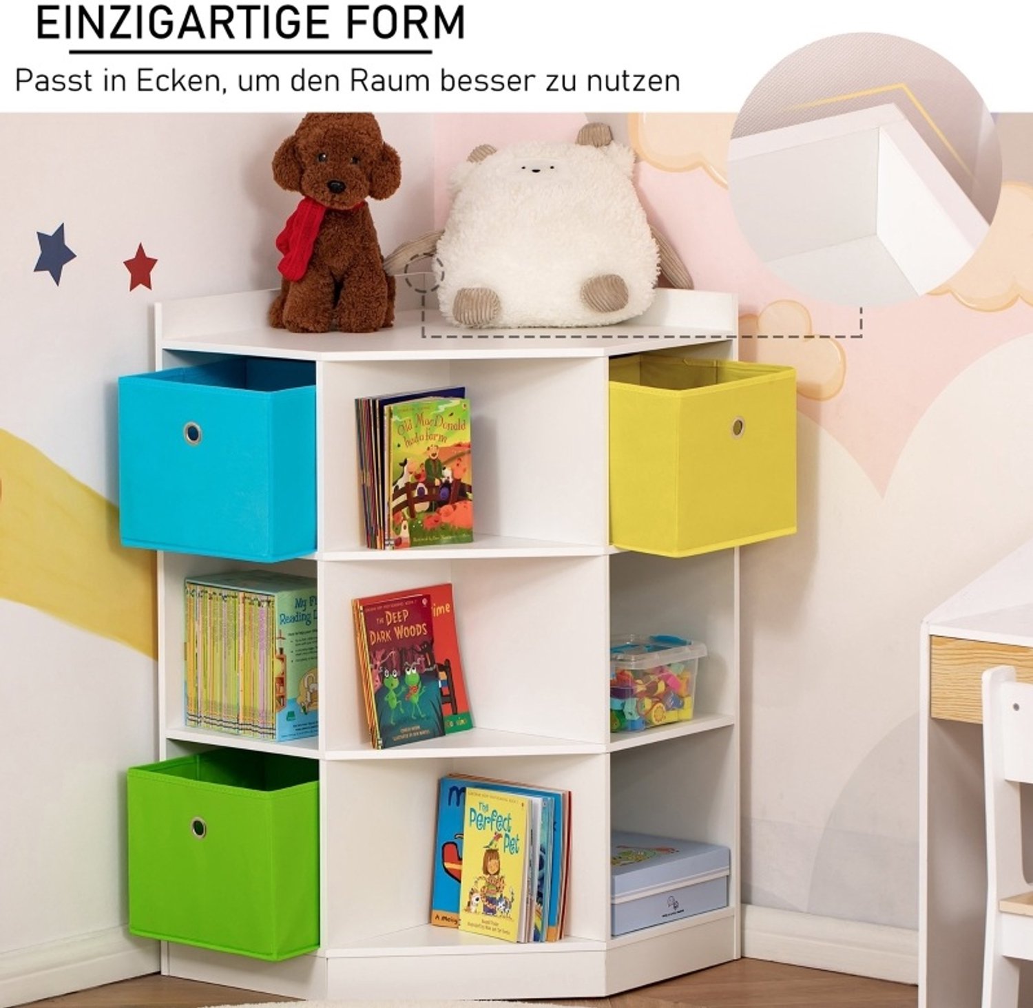 MIVRAY Kinderhoekrek – 3 Opbergboxen – 57,4 x 57,4 x 94 cm – MDF Met Melamine – Wit – Speelgoed- En Boekenopslag – Kantelbeveiliging
