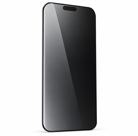 Zwarte glazen privacy screenprotector voor iPhone met uitsparing voor de camera.