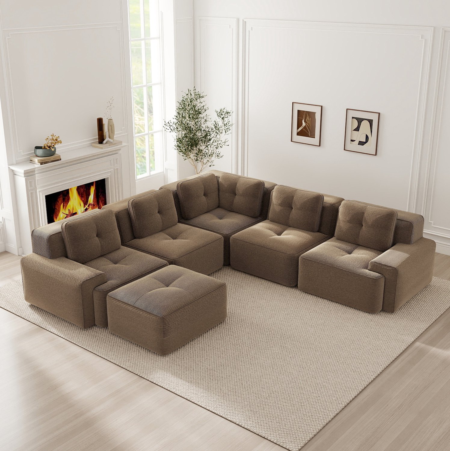 Wishdor Modulaire U-bank met ottomaan - Zacht 5-zits zitcomfort - Antislip basis en brede armleuningen - Modern minimalistisch - Woonkamer kantoor - Ribfluweel - Bruin - 295 x 295 x 69 cm