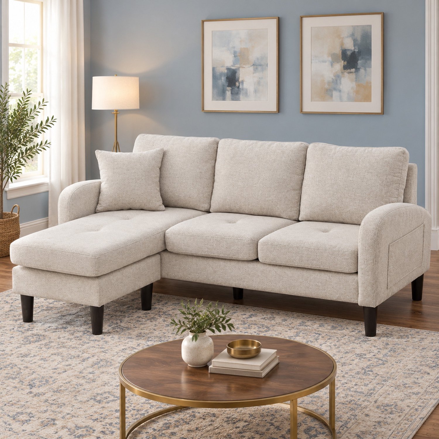 WUVRIE Hoekbank 166x118x77 cm - 3-zits met modulaire chaise longue - Beige/grijs/wit Beigegrijs en wit