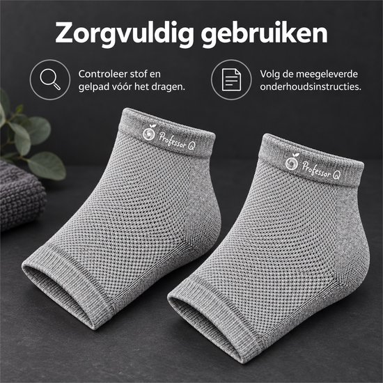 Twee grijze Professor Q hielbeschermers. Tekst: Zorgvuldig gebruiken, controleer stof en gelpad.