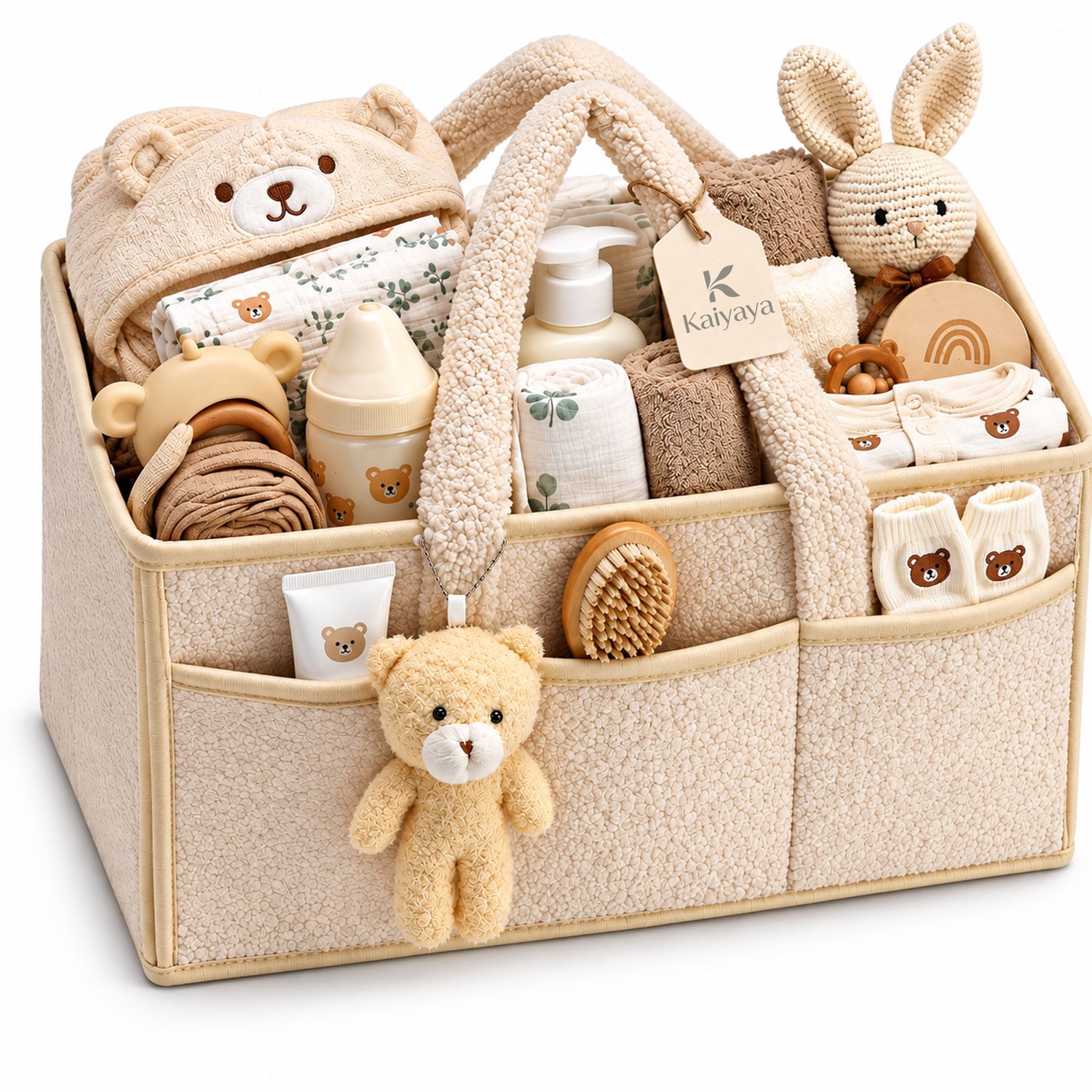 Kaiyaya - 1 stuk Luiertas organizer - Opvouwbare baby organizer ivoorwit - Met handvat en meerdere vakken - Teddyvelours voor onderweg en kinderkamer