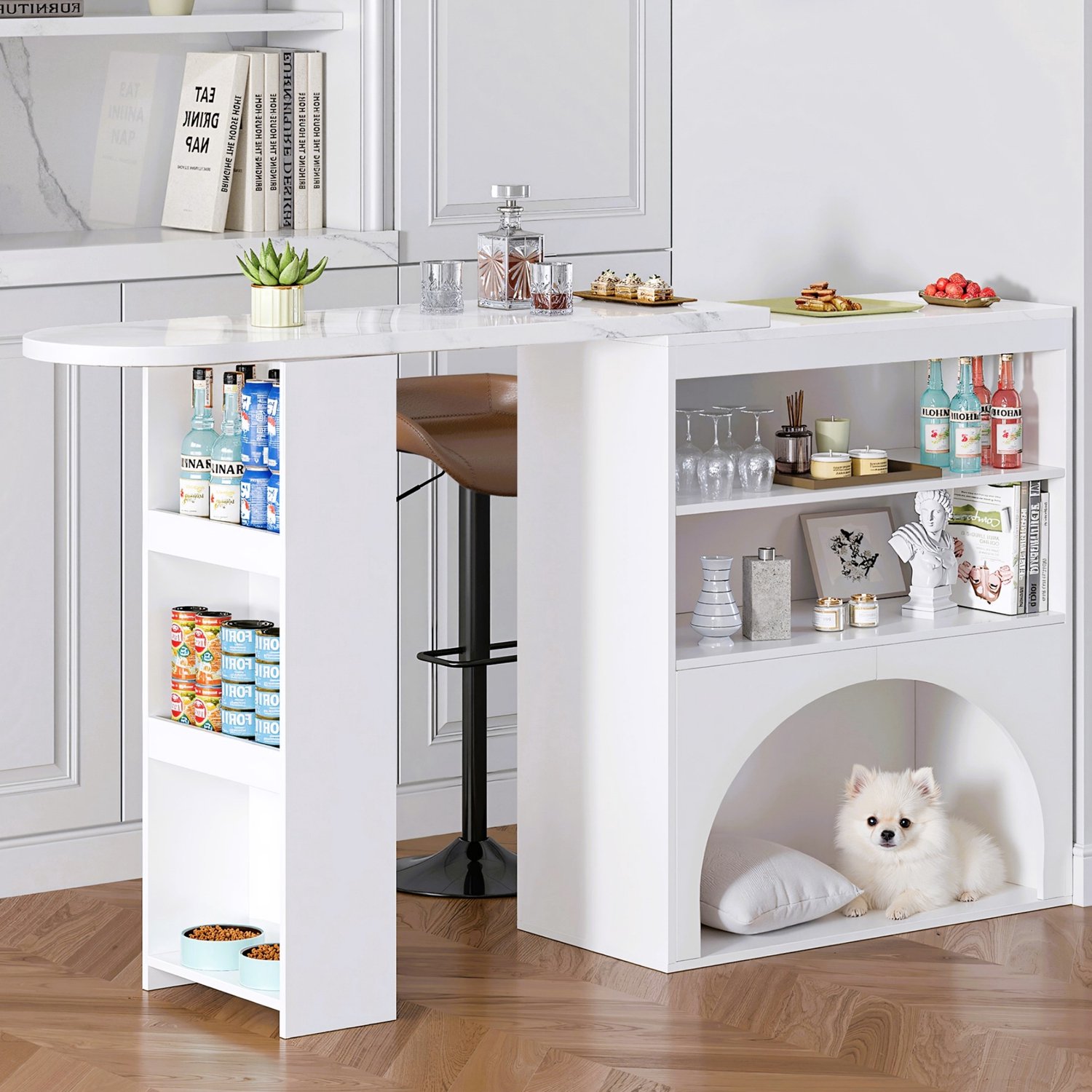 VVBV Bartafel / Eettafel 120x40x100 cm – Uitschuifbaar, Marmerlook – voor Keuken, Eetkamer & Thuisbar – MDF / Wit