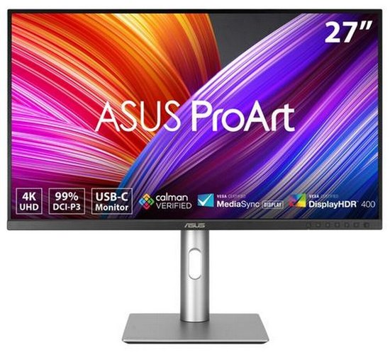 27-inch ASUS ProArt 4K-monitor met slanke randen, kleurrijke abstracte achtergrond en USB-C-connectiviteit.