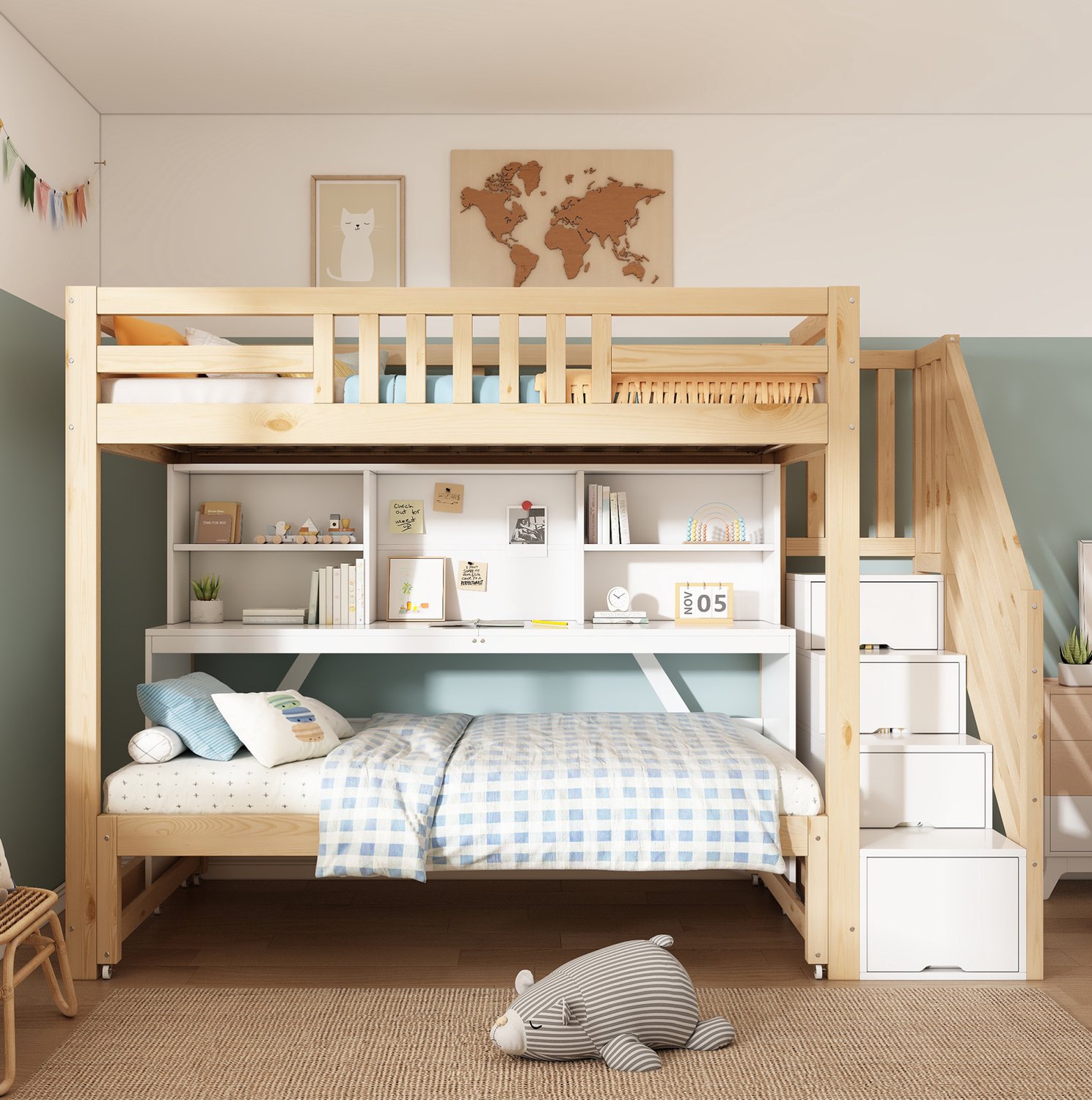 Wishdor Stapelbed 90 x 200 cm - Uitschuifbed 90 x 190 cm - Verrijdbaar bureau en boekenkast - Opbergtrap met vier treden - Kinderkamer - Hout en MDF - Wit en eikenkleur