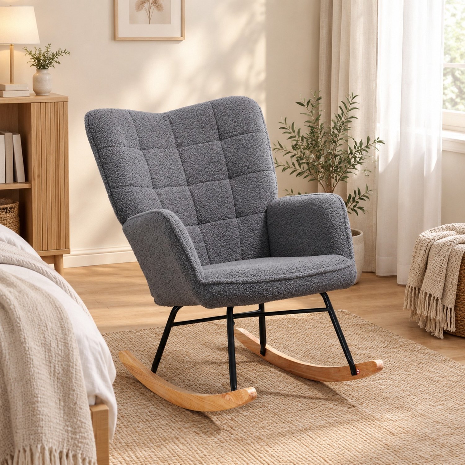 CHICFURN Schommelstoel - Zachte bekleding - Houten onderstel - Donkergrijs