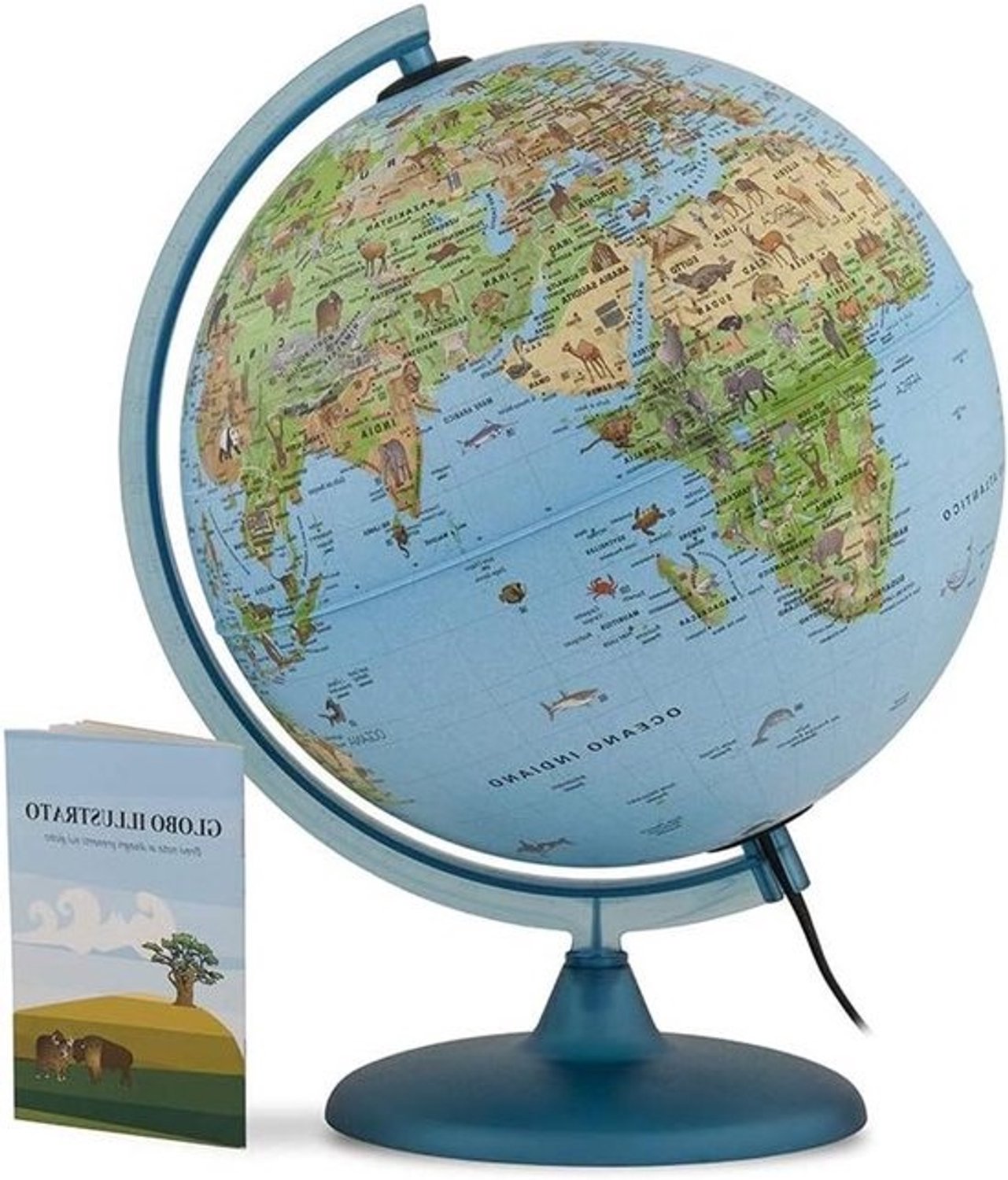 Educatieve wereldbol - Aardrijkskundebol - Leren voor kinderen - Met LED-verlichting - Diameter 25 cm - Blauw