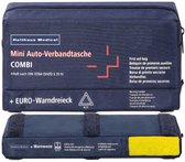Donkerblauwe EHBO-set en gevarendriehoek-tas met witte tekst en Holthaus Medical-logo.