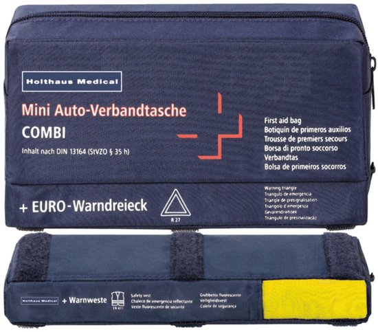 Donkerblauwe EHBO-set en gevarendriehoek-tas met witte tekst en Holthaus Medical-logo.