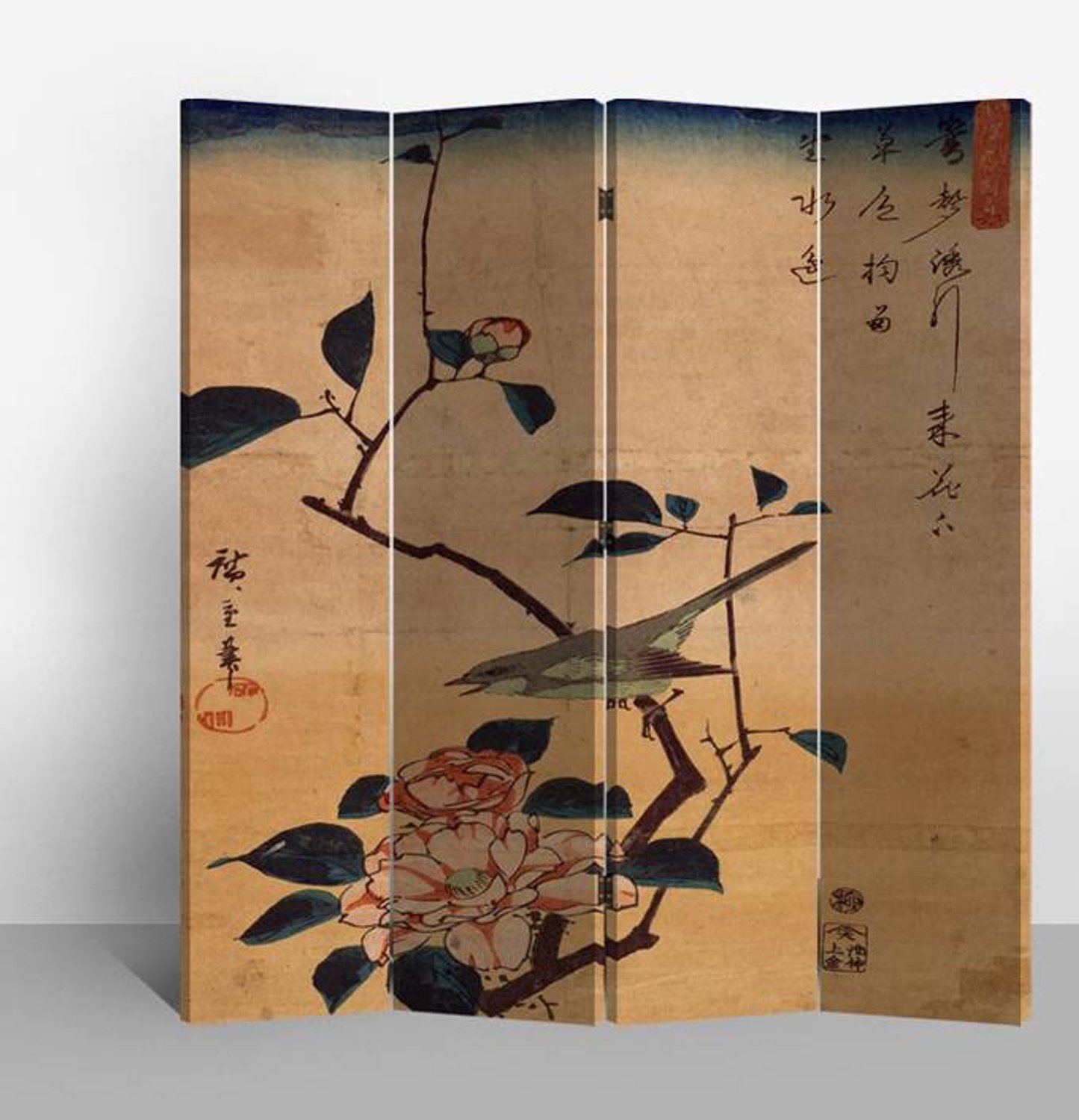 Fine Asianliving Chinees Kamerscherm Oosters Scheidingswand B160xH180cm 4 Panelen Vogel en Lotusbloemen Vintage Multicolour, Naturel