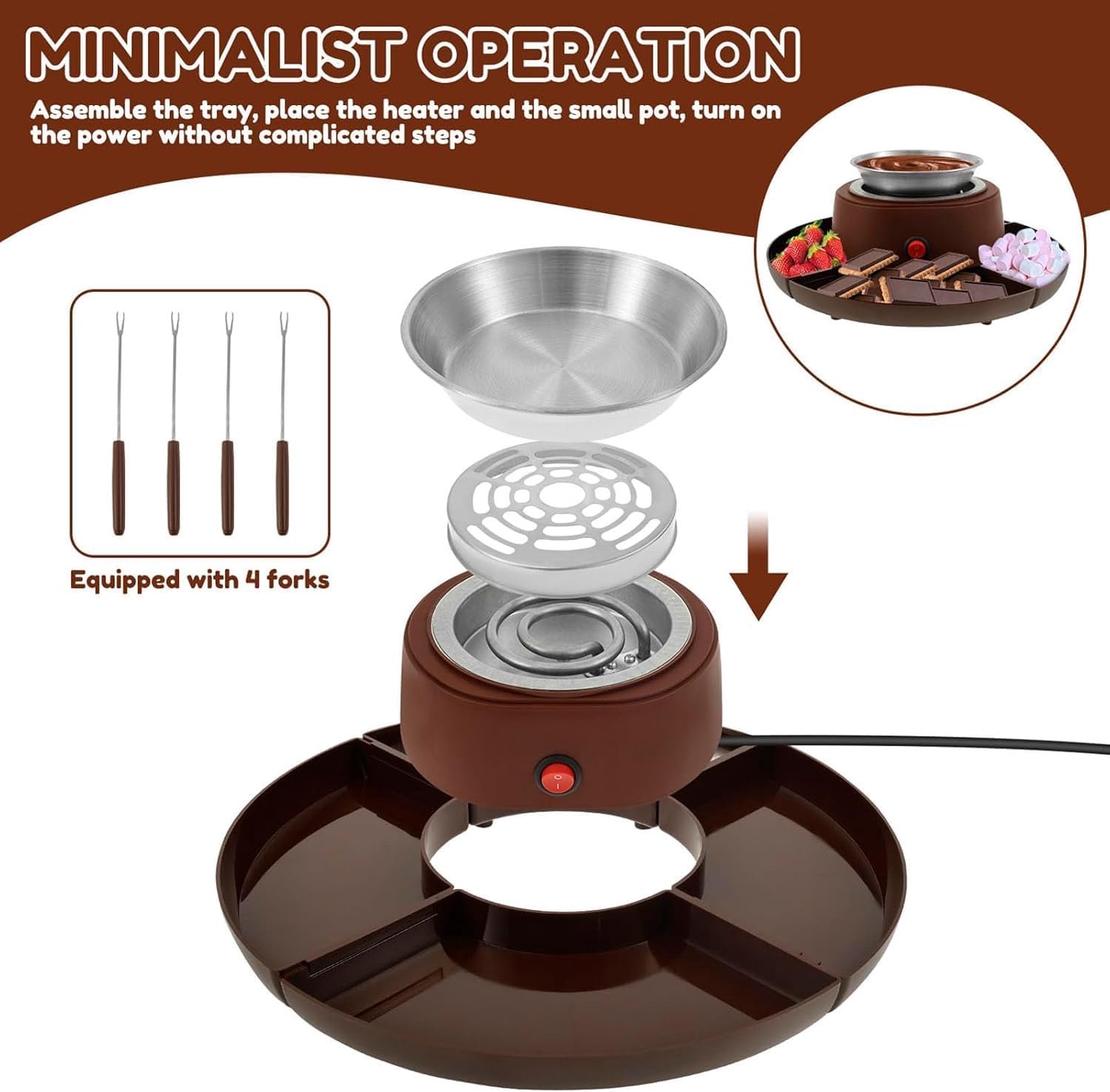 Namajunas - 2-in-1 S'mores maker en chocolade fondue set - 4 Afneembaar blad - Met 4 Marshmallow rooster & 260ML RVS Blad - Vlamvrij voor binnen - Verdeeld serveerblad - Voor marshmallows, chocolade en kaas - Cadeau - Voor feesten en kamperen – foto 2