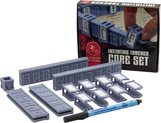Cacklin Slayers Initiative Tracker Core Set met grijze nummermarkers, herschrijfbare houders en een zwarte marker.