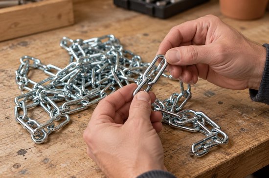 Handen houden een zilveren metalen ketting vast boven een houten werkbank.