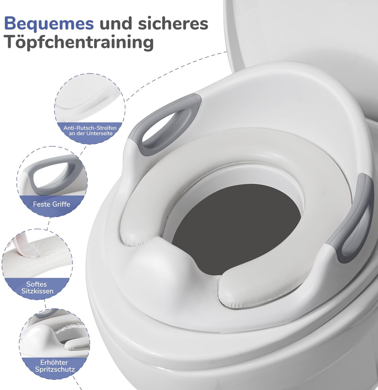 Toiletbril voor kinderen met trapje - Inclusief 2-traps opstapje en toiletverkleiner - Geschikt voor 1 tot 6 jaar - Inclusief 2 kussens en 1 borstel - Grijs