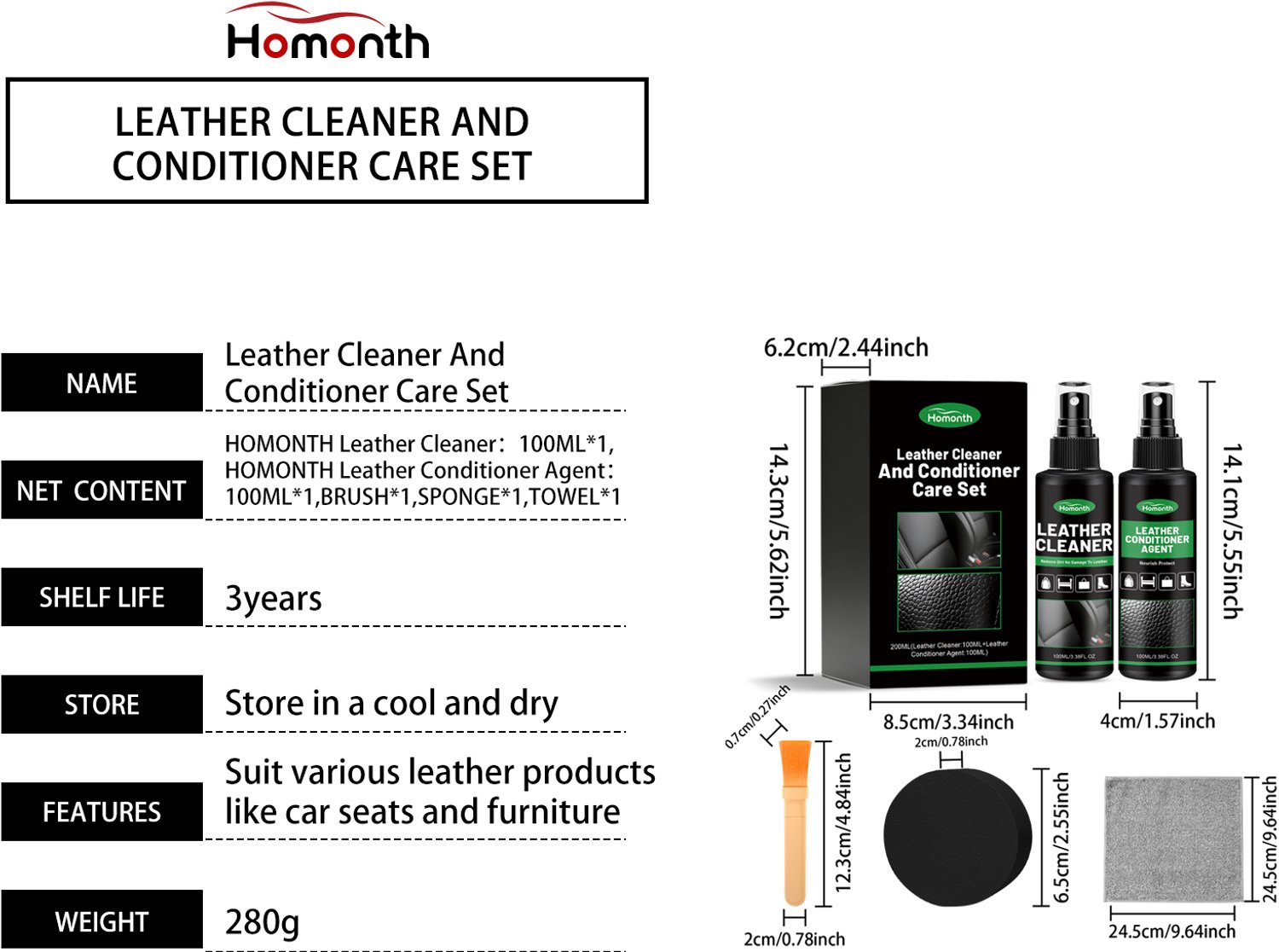 Homonth Leer Onderhoud Set 200 ml – Leerreiniger & Leerverzorging Conditioner – Leather Care Kit met Borstel, Spons & Microvezeldoek – Voor Leer & Kunstleer – Auto, Bank, Meubels, Schoenen en Tassen – foto 2