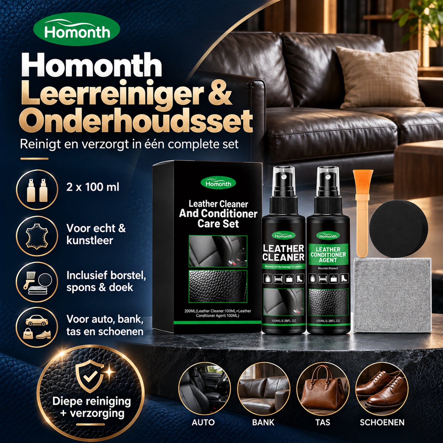 Homonth Leer Onderhoud Set 200 ml – Leerreiniger & Leerverzorging Conditioner – Leather Care Kit met Borstel, Spons & Microvezeldoek – Voor Leer & Kunstleer – Auto, Bank, Meubels, Schoenen en Tassen – foto 4