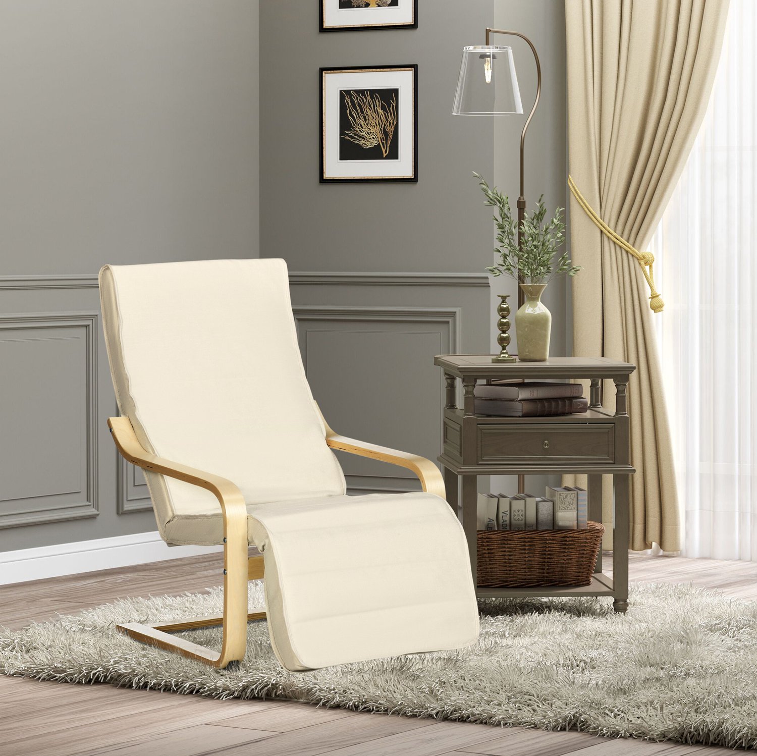 CHICFURN Relaxfauteuil - Verstelbare voetensteun - Houten frame - Crèmewit