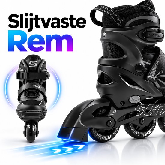 Zwarte inlineskates met een slijtvaste rem en 70mm wielen.