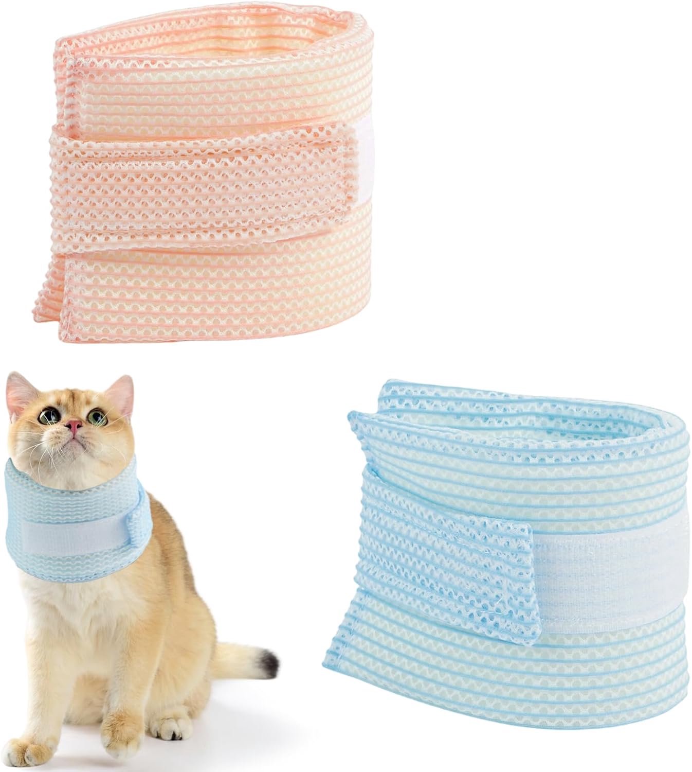 KZQ 2 Stuks Nekbeschermer voor katten – Verstelbare halsband – Zacht en ademend – Materiaal van sponsgaas – Geschikt voor nekwonden en herstel na een operatie – Maat L - Blauw，roze