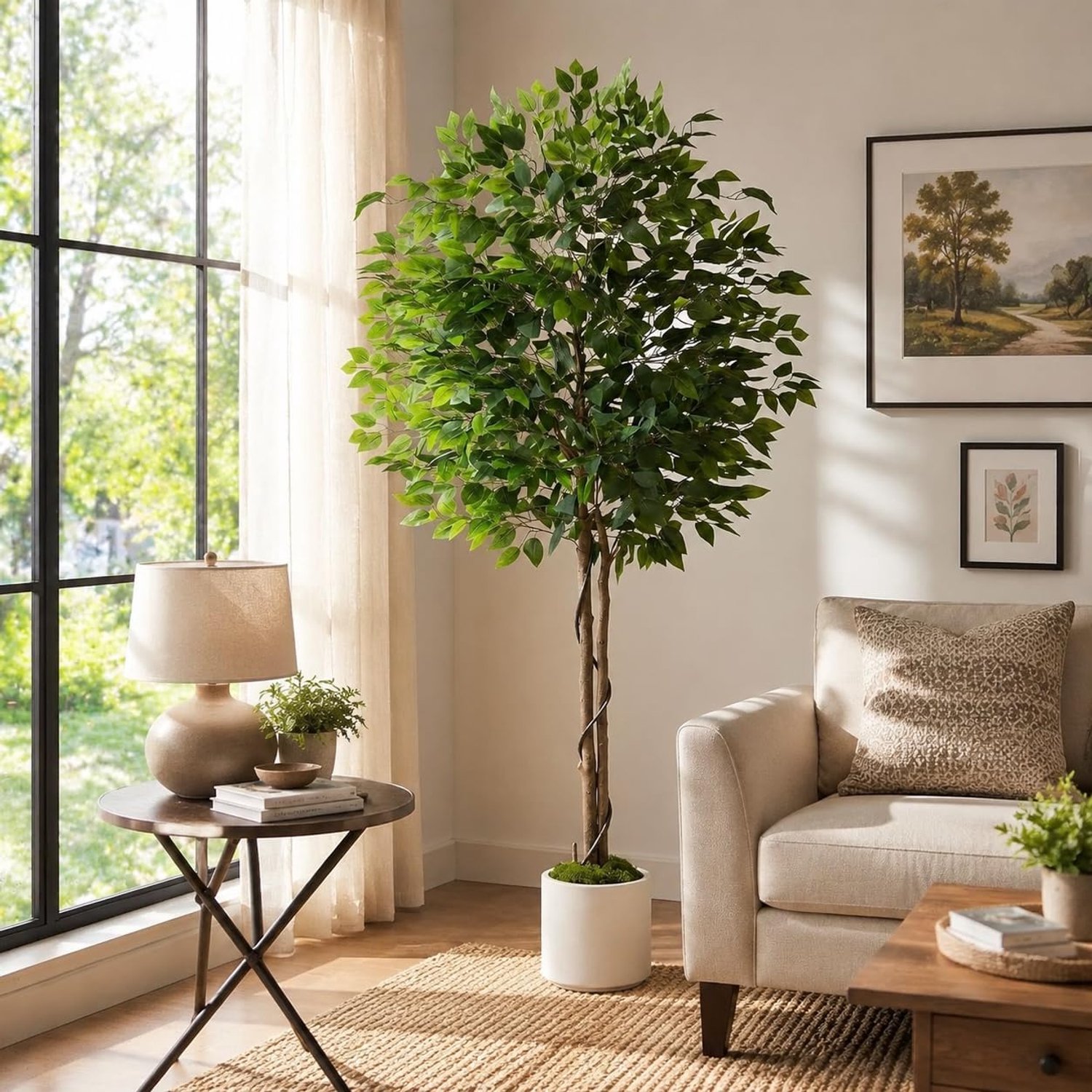 Ficus kunstplant, 180 cm, ziet eruit als echt, kunstficus, witte pot, gebogen boomstam + weelderige groene bladeren, onderhoudsvriendelijke kamerplant, pluche mos, kunstplanten