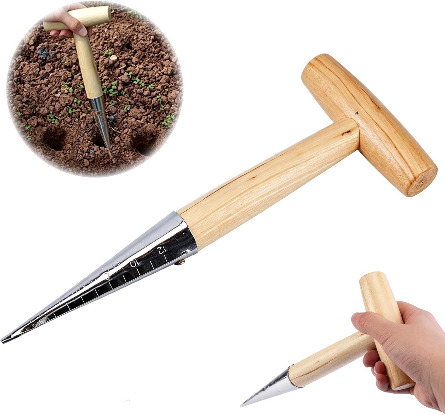 Pikstaaf met T-handgreep - hoogwaardig roestvrij staal en hout - ergonomisch ontwerp - ideaal voor nauwkeurig planten - ShopVlot