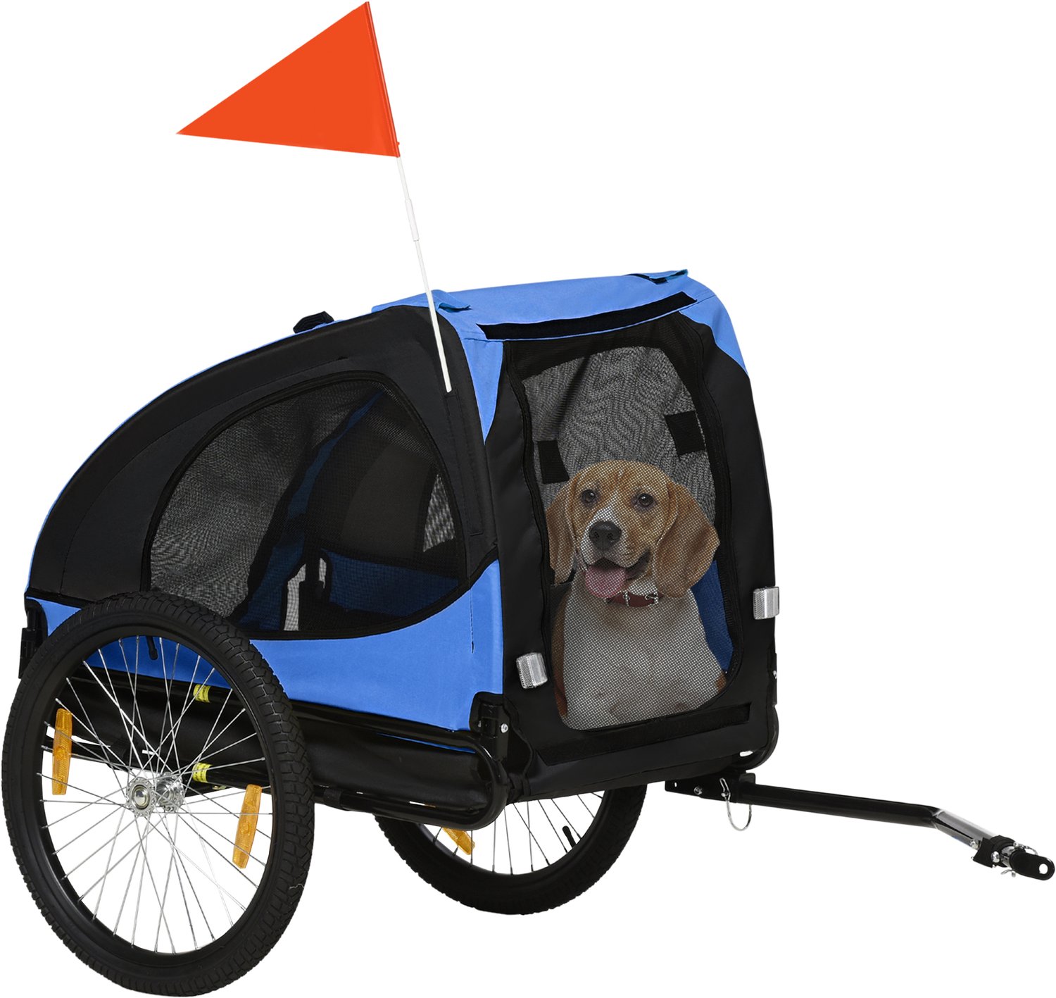 Hondenaanhanger met reflectoren - gaasraam - wielen - deur en veiligheidsvlag - voor Fiets - Opvouwbaar - Blauw - Staal
