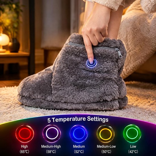 Grijze pantoffel met een verlichte knop voor 5 temperatuurinstellingen van 42°C tot 65°C.