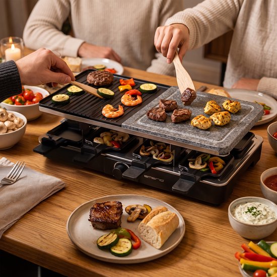 Emerio Gourmet-Steengrill - Raclettegrill - 1400W - 8 Personen - Indicatielampje - Regelbare thermostaat - Half Steengrill/Half Grillplaat - Incl. 8 Houten Spatels + Pannetjes - RG-110035 Zwart — afbeelding 2