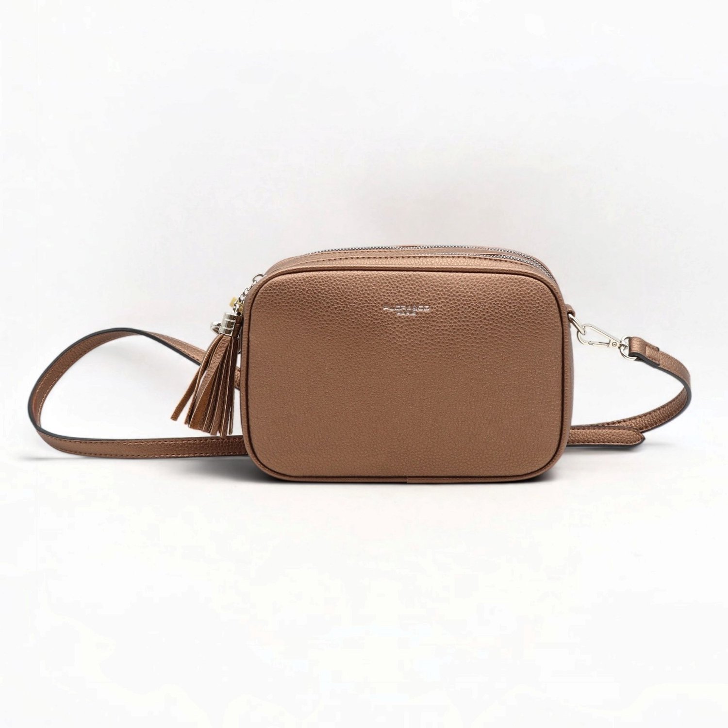 Flora&Co - KAEL - zacht generfd imitatieleer - crossbody handtas dames- 2 vakken met rits - lange instelbare riem - marron/bruin metallic