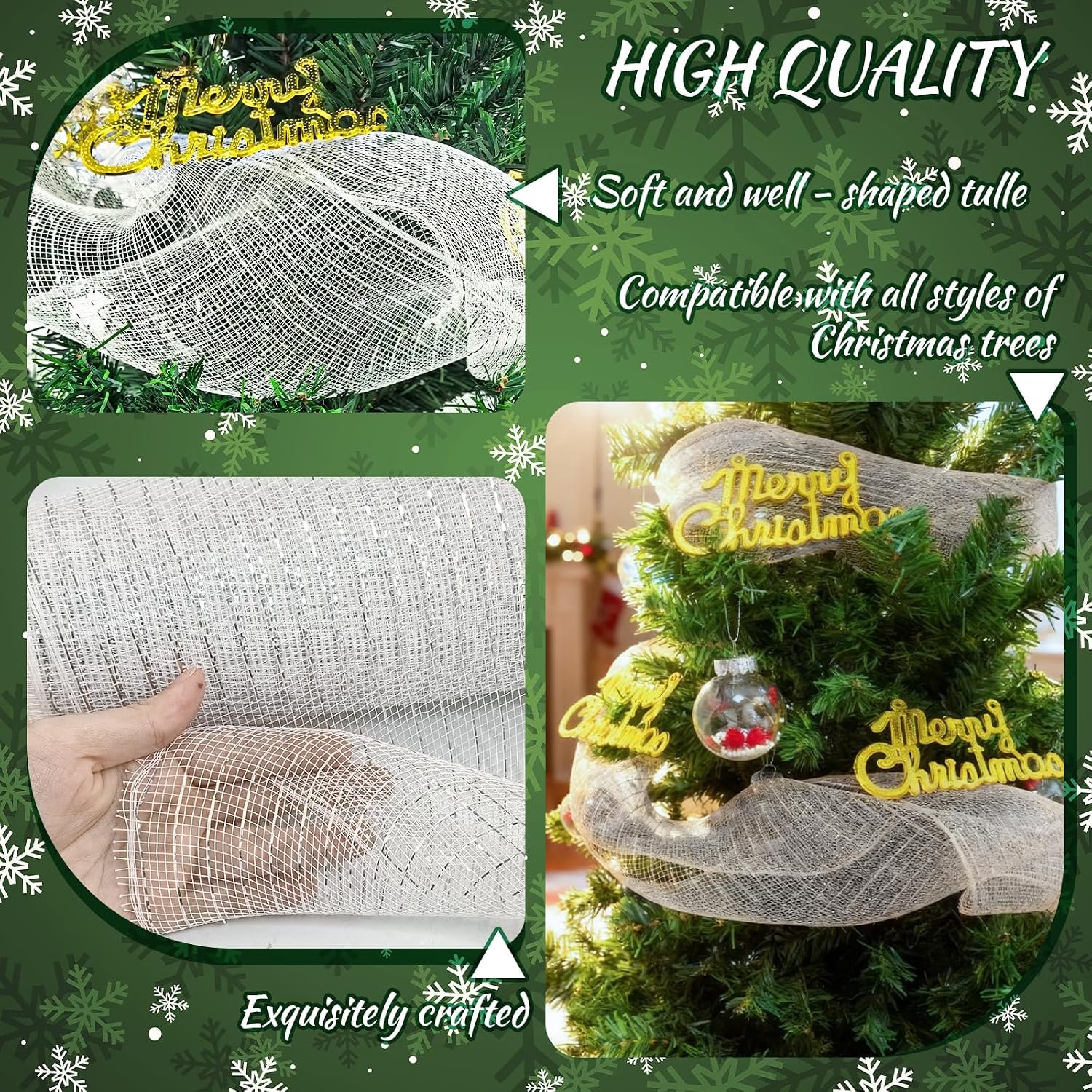 Kerstlint - 25 cm * 9,1 m - DIY Kerstboom mesh rol scène lay-out - mesh lint - Kerstdecoratie - Kerst mesh lint rol - feestdecoratie - mesh lintrol - vaak gebruikt voor het versieren van slingers, kerstbomen en geschenkverpakkingen - wit zilverdraad – foto 4