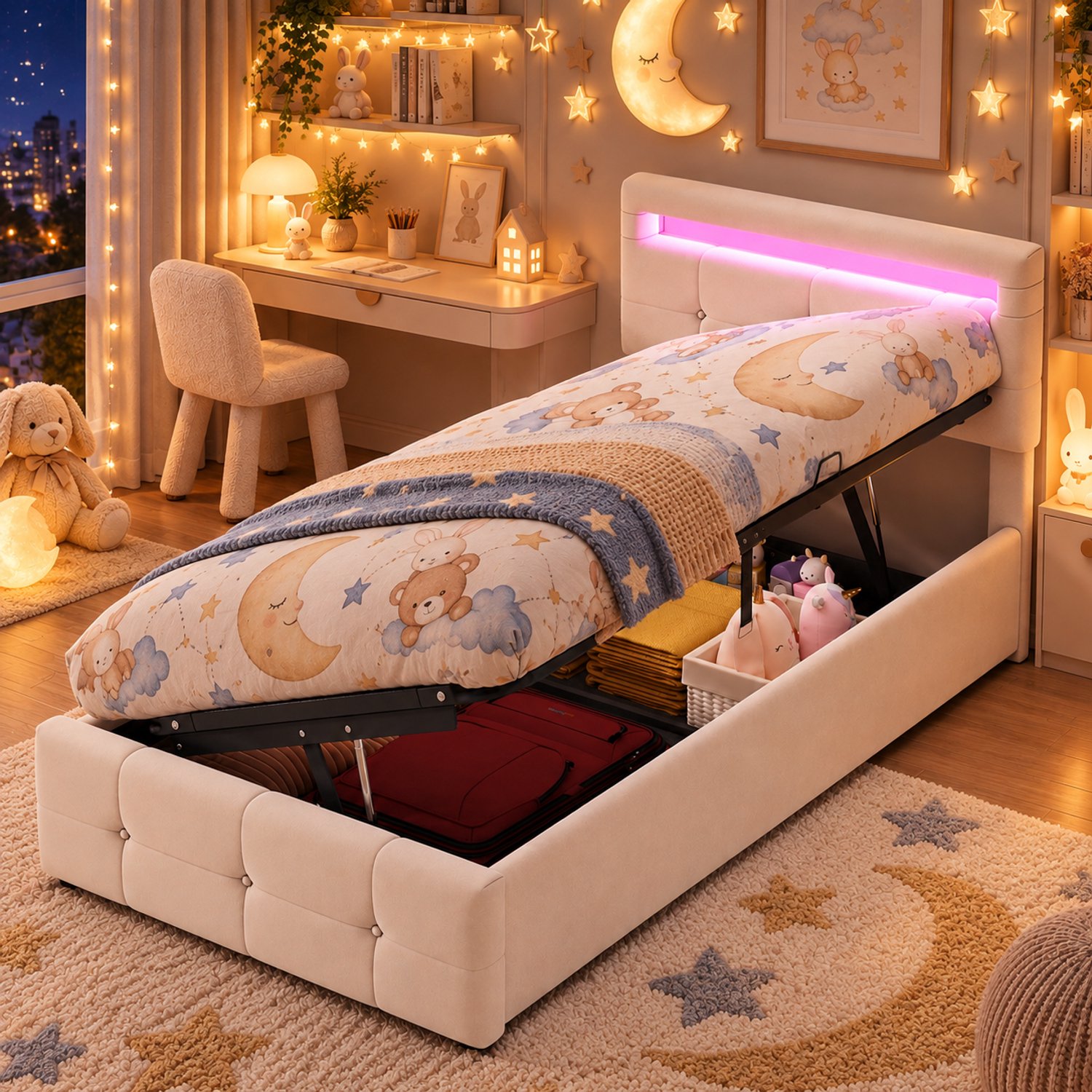 Welltin Kinderbed 90x200 cm - Eenpersoonsbed - Gestoffeerd bed - Opbergbed - Multifunctioneel bed - Met in hoogte verstelbaar hoofdbord - Met led-lichtstrip - Met opbergvak - Flueel - Stevige constructie - Beige