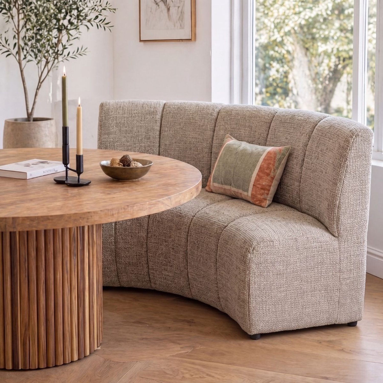 DÉJA Living Eetkamerbank Filo Rond - Taupe - 170 cm - Chenille - Japandi - Pocketvering