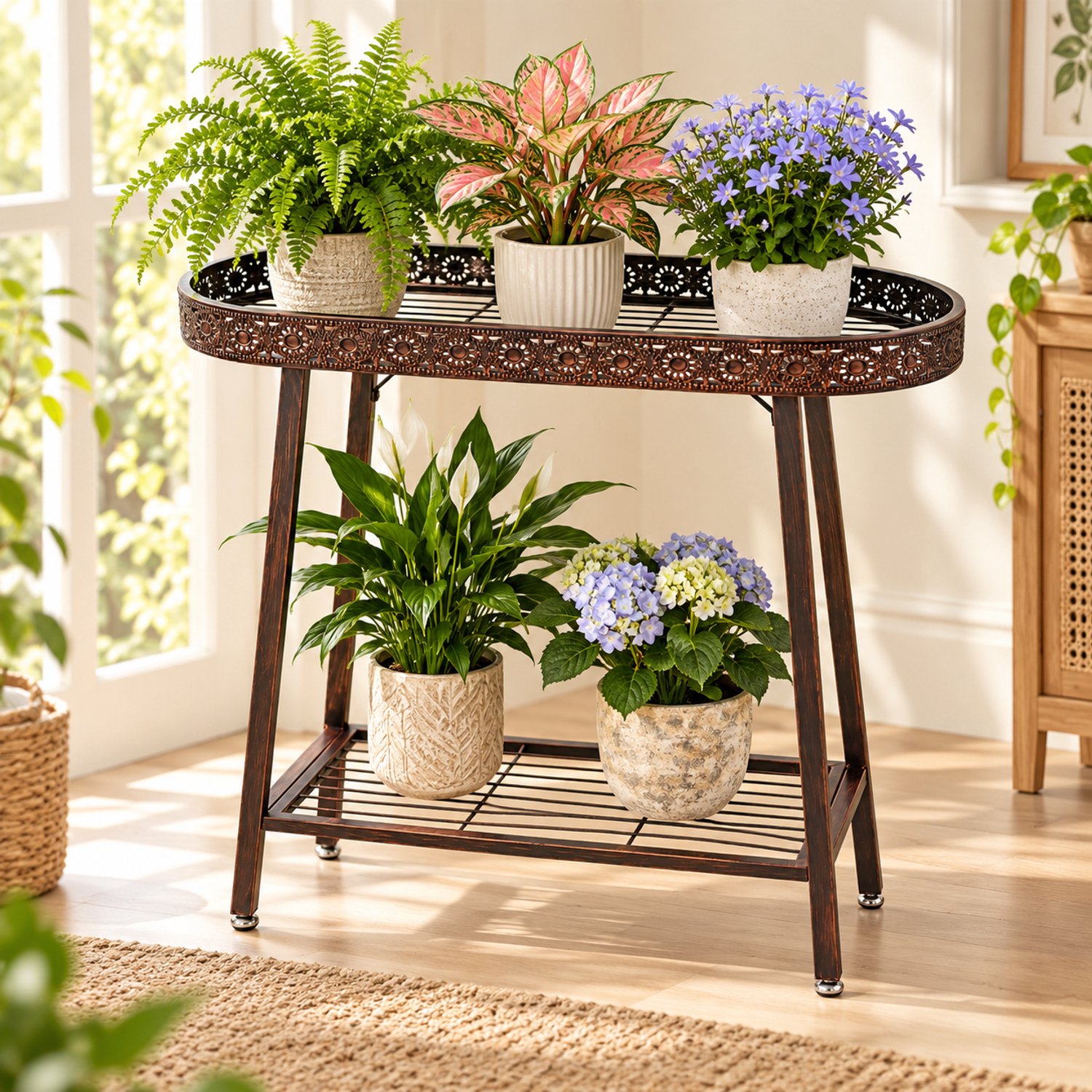 unho Plantenrek – Vintage Metalen Plantentafel – 2 Lagen – Antiek Brons – 80 × 26 × 69 cm