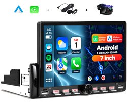 Boscer 1 Din Autoradio met Scherm - Draadloos Apple CarPlay & Android Auto - 7 Inch HD Touchscreen - Android 15 - 6+128GB - GPS Navigatie, WiFi & Bluetooth - Achteruitrijcamera & Microfoon