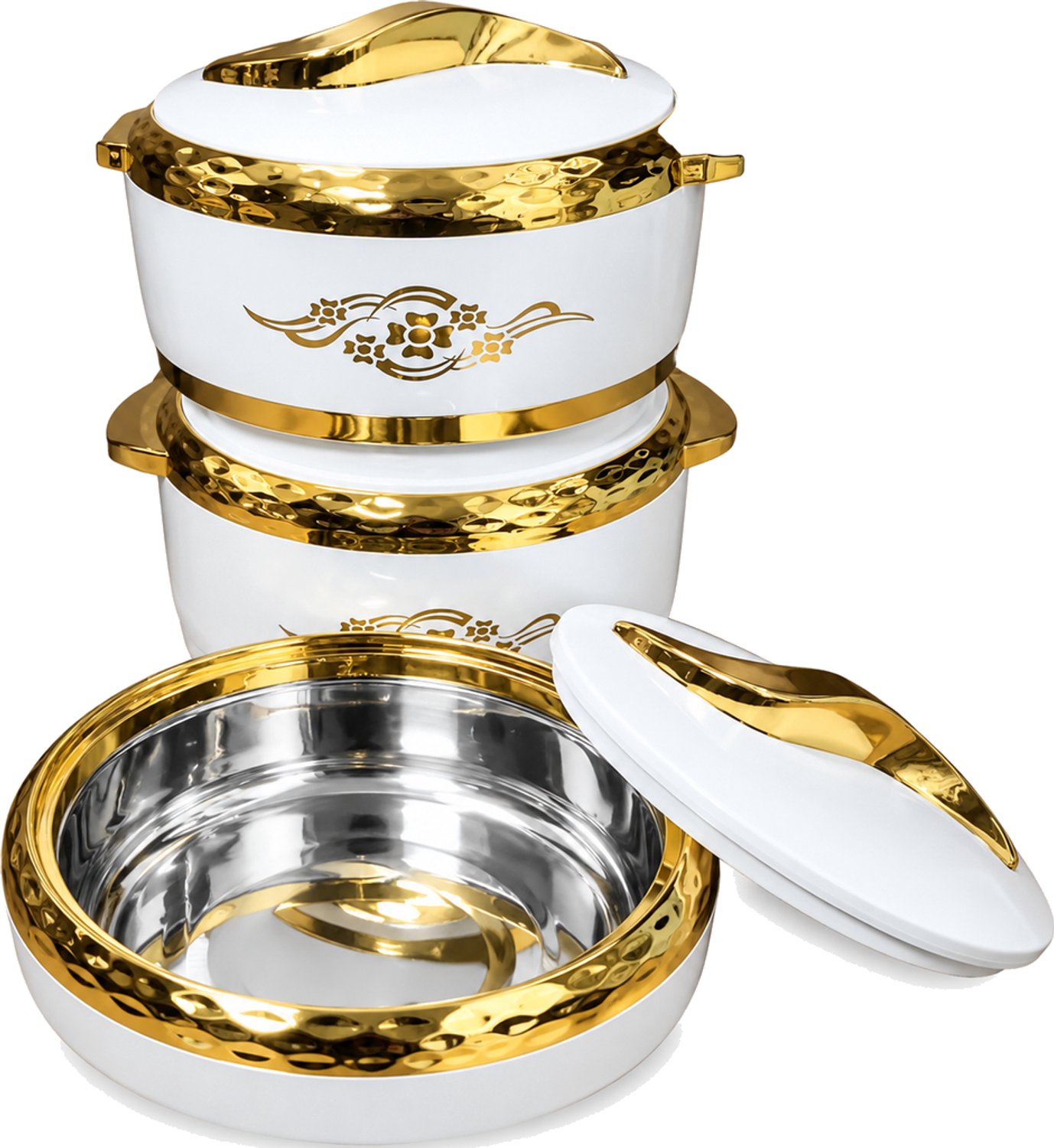 Broodtrommelset met 3 ronde bakjes met deksel, inhoudsmaten 1,5 l, 2 l en 2,5 l, wit met goudkleurige accenten